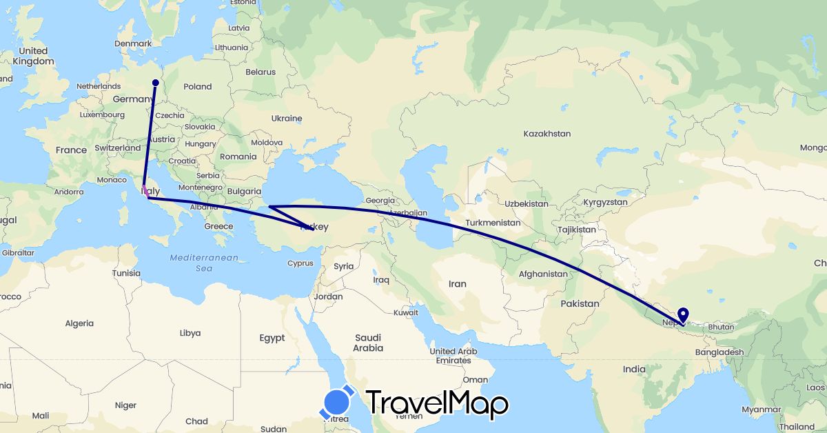 TravelMap itinerary: driving, train in Germany, Italy, Nepal, Turkey (Asia, Europe)